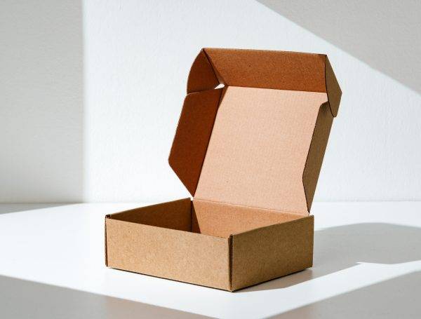 An open cardboard box rests on a bright white surface with soft shadows highlighting its edges and structure in natural light close up